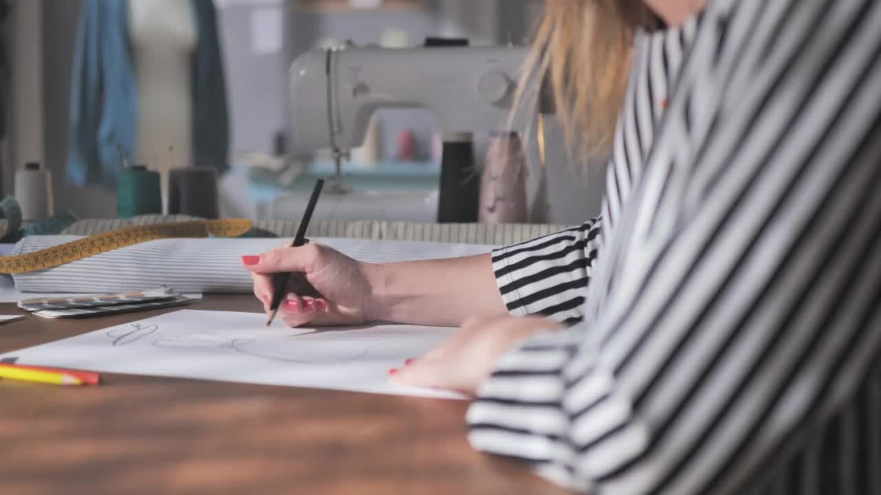 特写女性时装设计师手绘草图在工作室的衣服视频素材