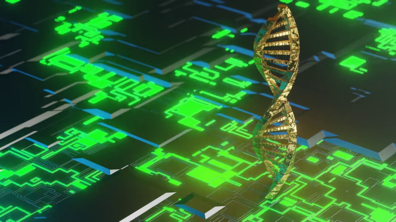 黄金DNA分子复杂螺旋结构cpu抽象背景，医学、科学、遗传生物技术、基因细胞概念。3 d渲染插图。旋转360度。循环录像。视频素材