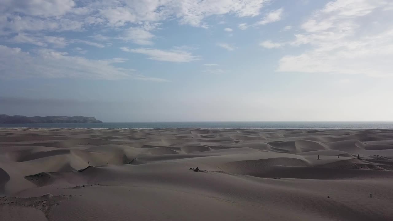 白天，无人机在海边一片原始沙滩上空的鸟瞰图视频素材