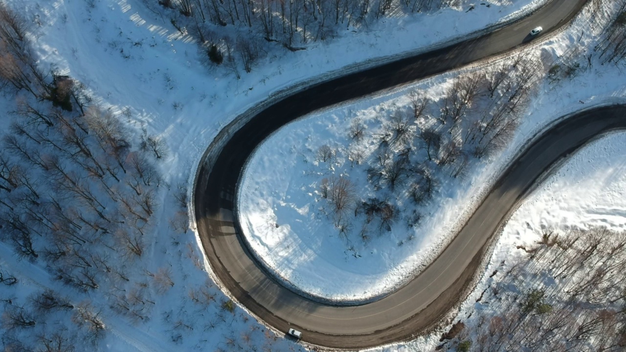 弯曲的山路。天气寒冷，还下着雪。视频素材