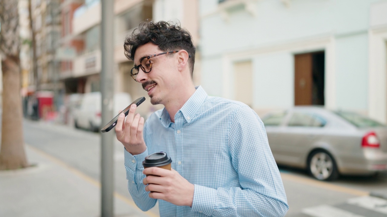 年轻的西班牙裔男子在街上一边喝咖啡一边用智能手机聊天视频素材