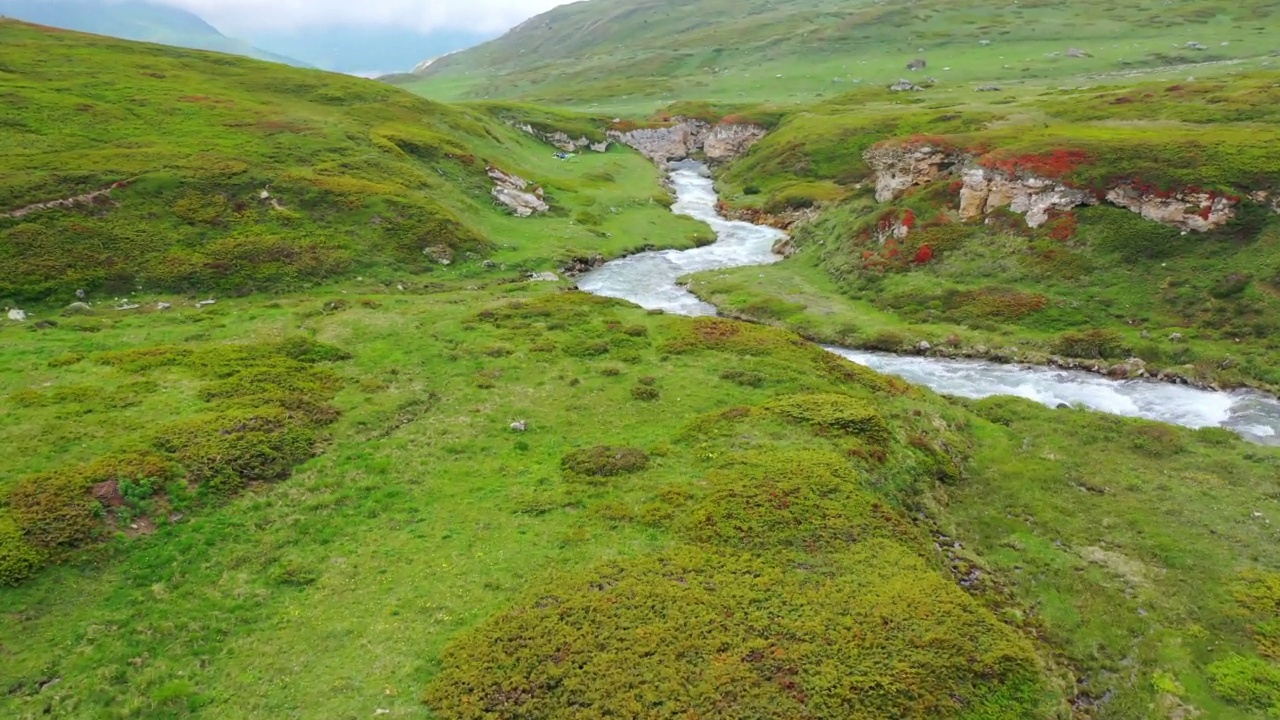 风景秀丽的河流在绿色景观山-瓦尔塞尼，法国视频素材