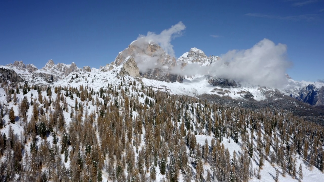 空中风景拍摄的雪岩形成，无人机飞行向前在森林的树木-焦山，意大利视频素材