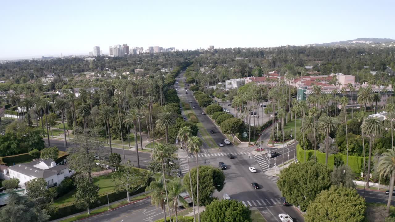 空中延时封锁拍摄的汽车行驶在道路上的树木在城市-比佛利山，加利福尼亚州视频素材