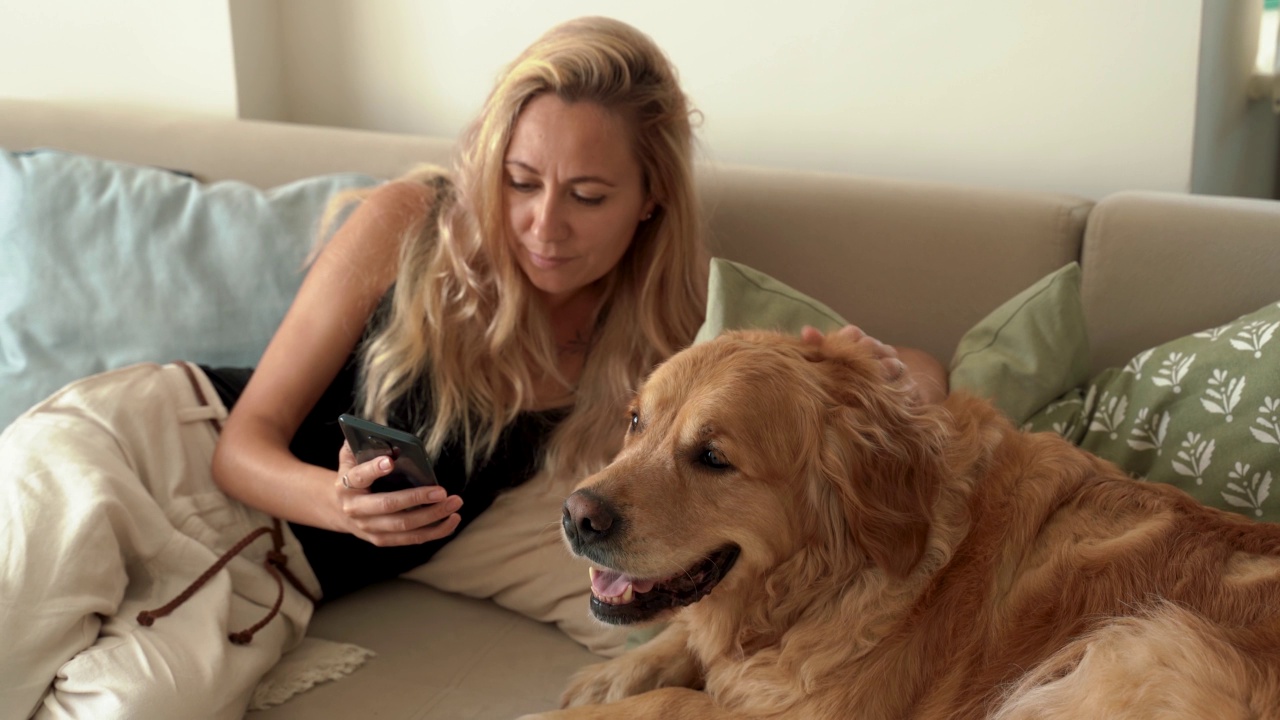 一位女士一边和她可爱的金毛猎犬坐在一起，一边使用智能手机视频素材