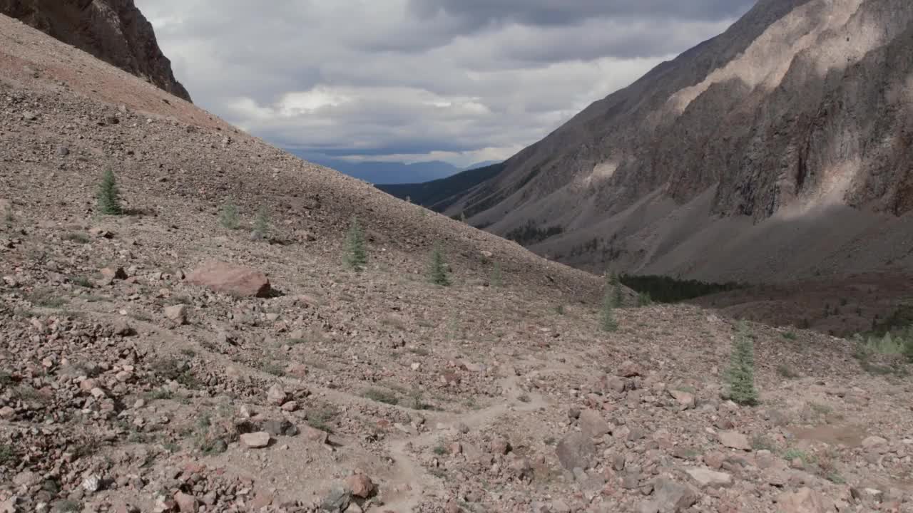 阿克特鲁山谷的山脉，白云下的河流和森林视频素材