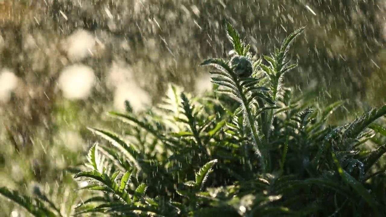 夏天在阳光下浇灌花园中的花朵。雨的春日。照顾花坛里的花。夏日自然的阳光。生态环境。视频素材