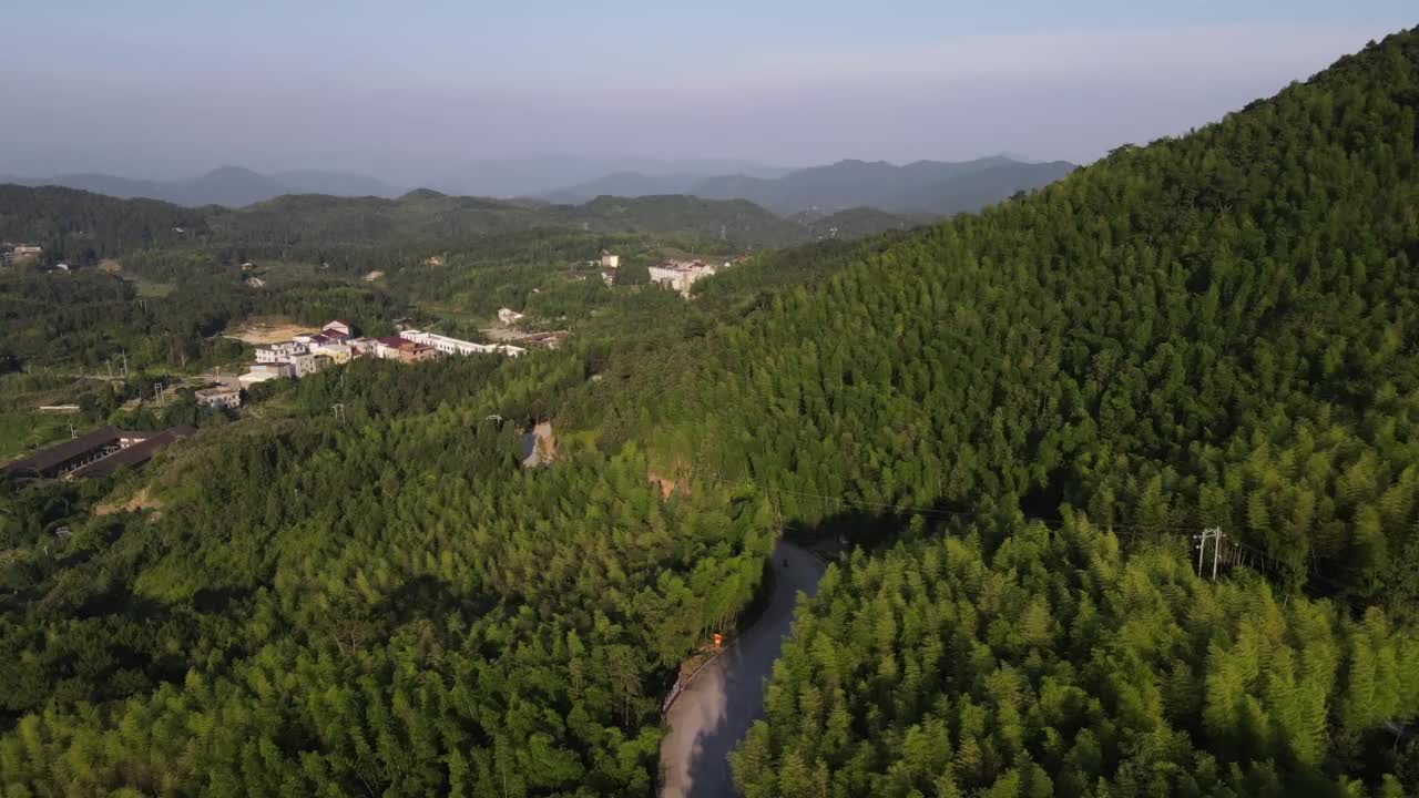 航拍到竹林中一条通往小村庄的道路视频素材