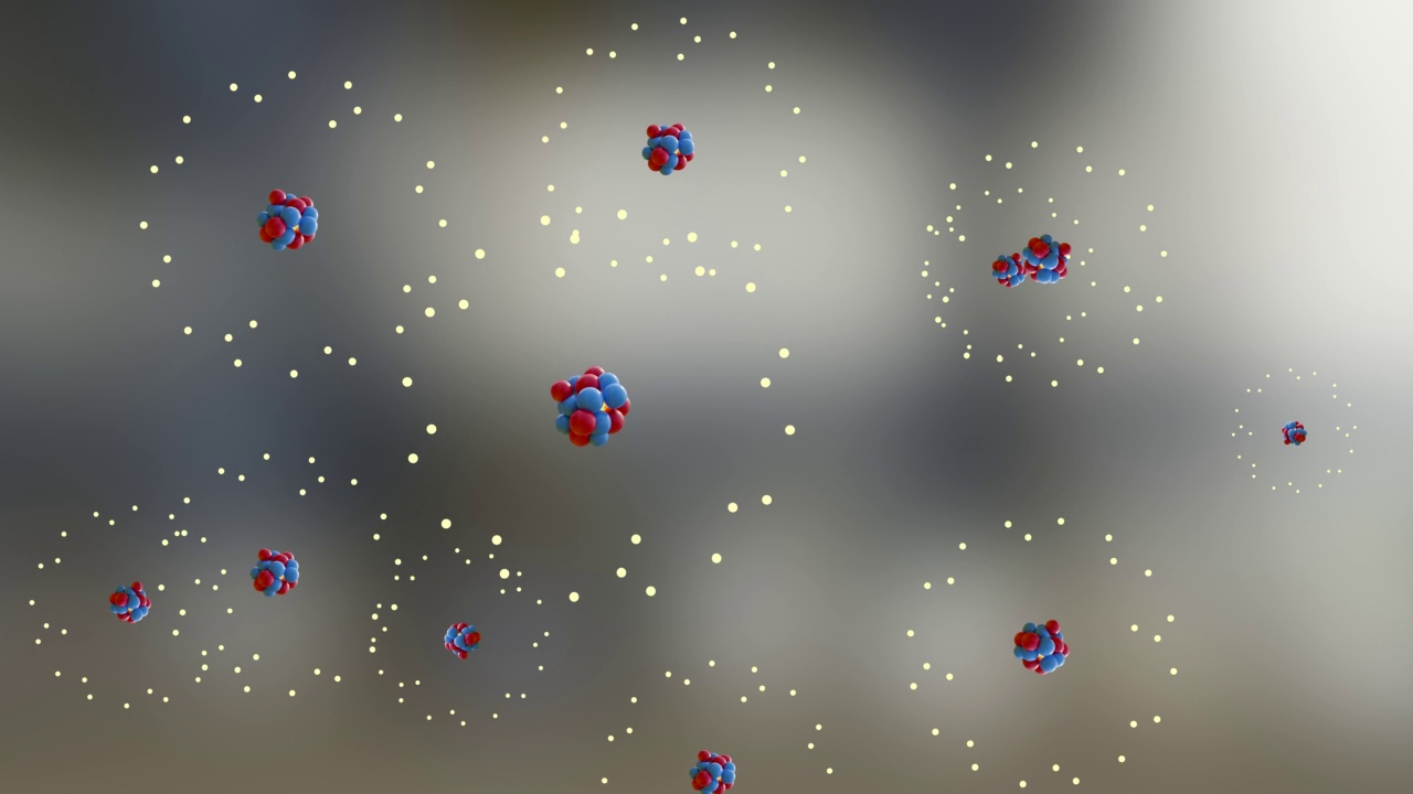 原子解剖学、原子模型或结构、电子绕原子核运动的粒子、原子及其电子云。量子力学和原子，中子和质子，3d渲染视频素材