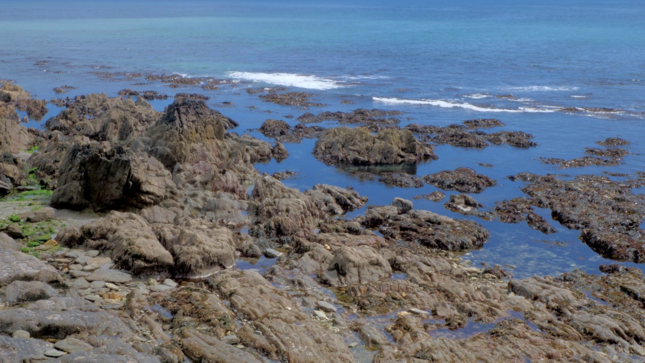 海浪拍打着岩石。阳光明媚的海滩。海域。手持视频。视频素材