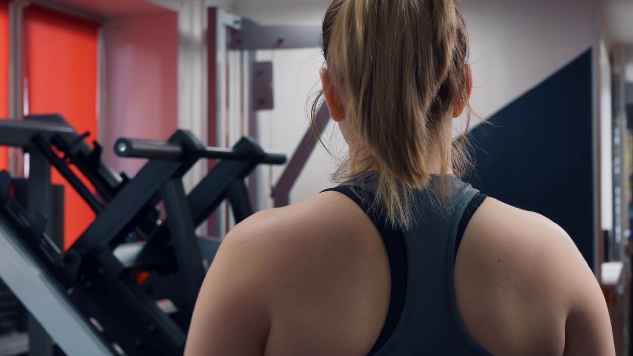 一个女人在健身房锻炼前伸展她的肩关节的后视图。一个女人在健身房做运动前的热身运动。健身房运动的概念。视频素材