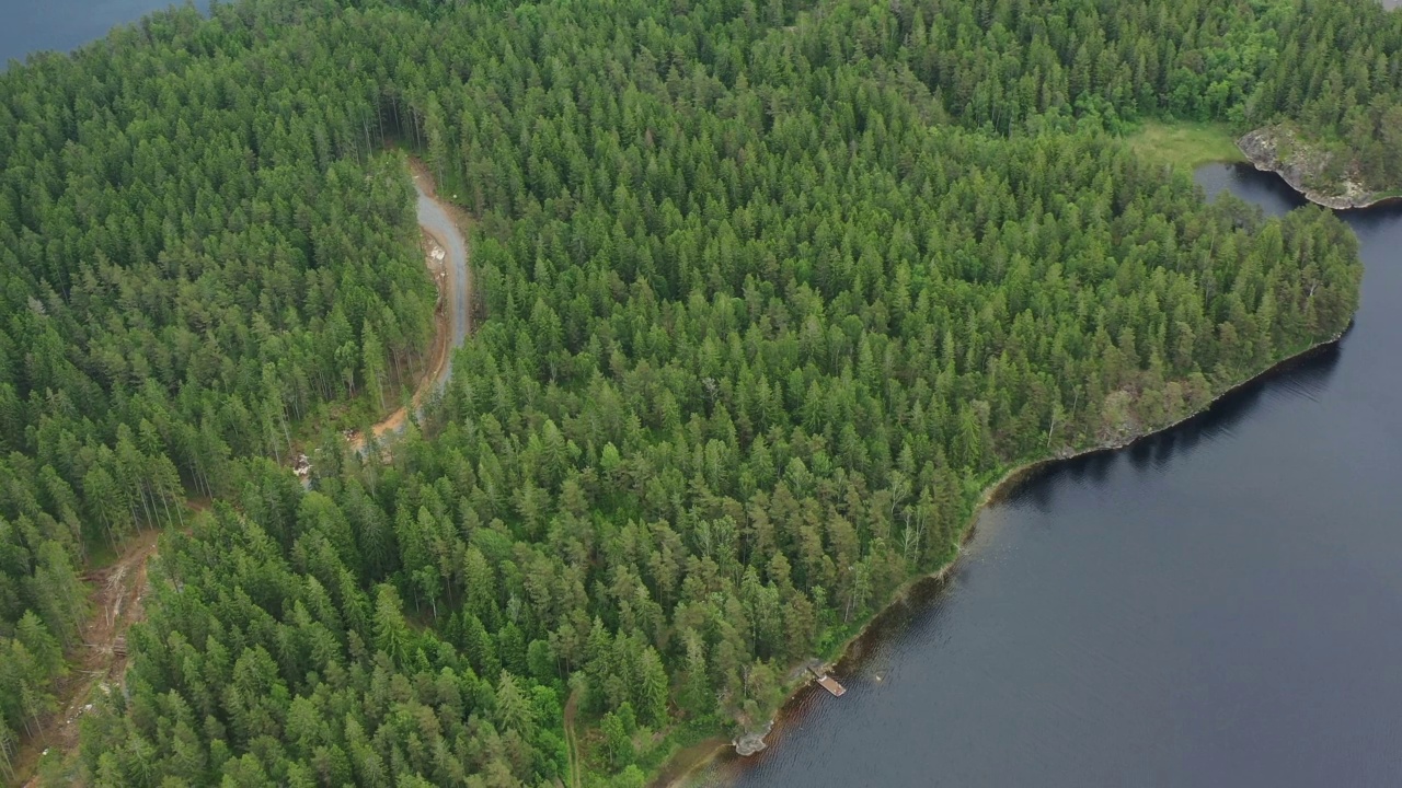 在瑞典，空中行驶在风景优美的湖泊和绿色森林的乡村道路上视频素材