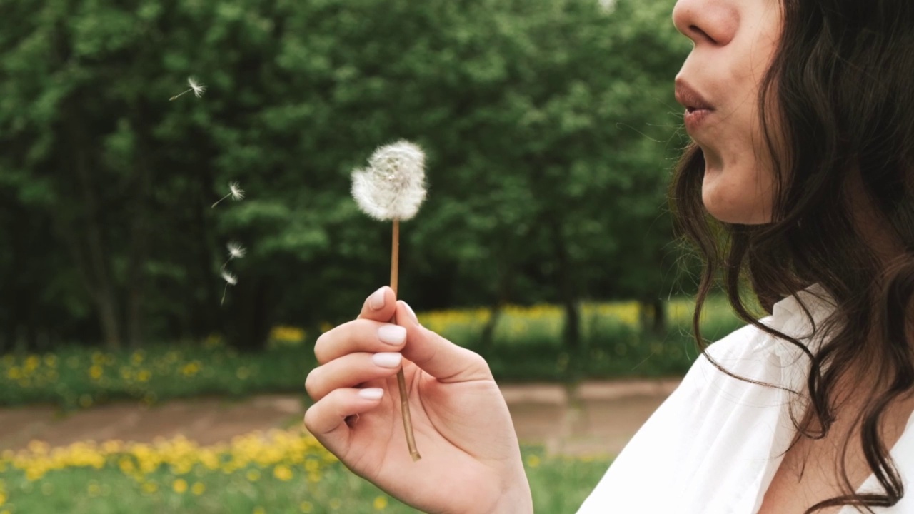 一个年轻的黑发女人的特写吹蒲公英在一个夏天的公园。视频素材