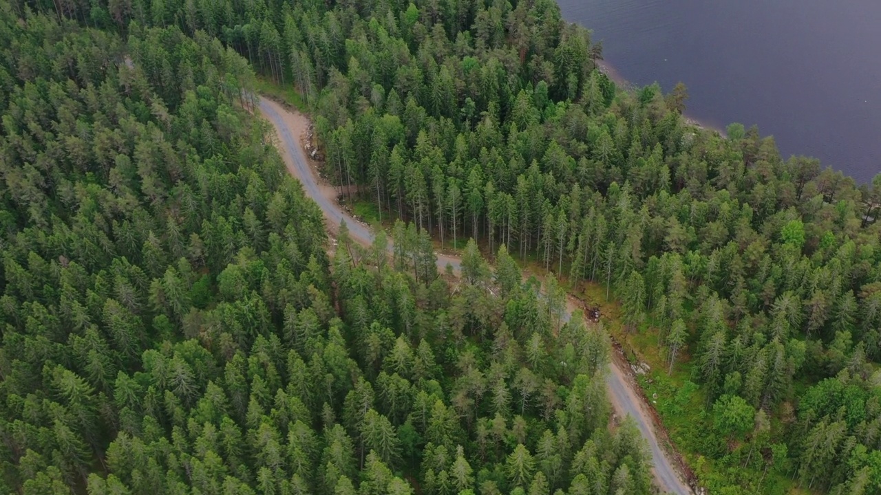 在瑞典，空中行驶在风景优美的湖泊和绿色森林的乡村道路上视频素材