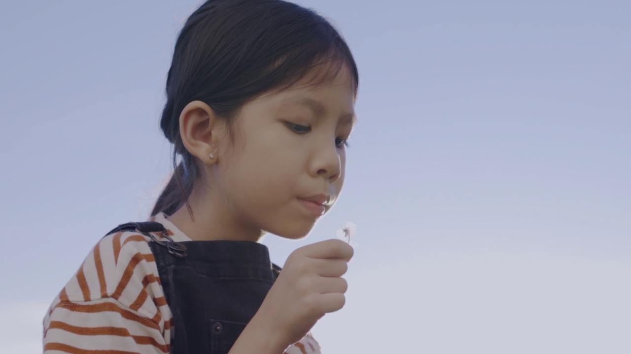 亚洲小女孩吹雏菊花视频素材