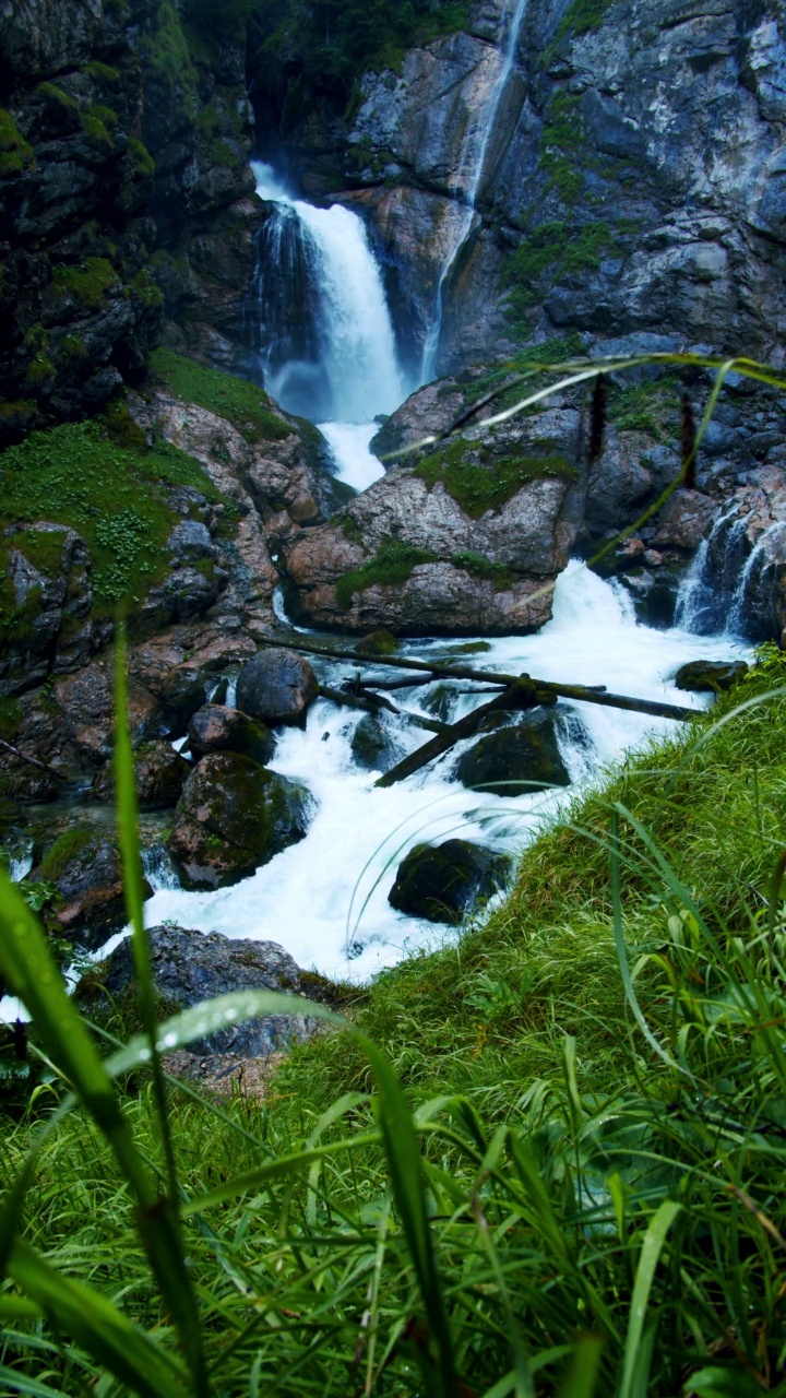 奥地利的哈尔斯塔特。美丽的Waldbachstrub Wasserfall与绿色的叶子在前景视频素材