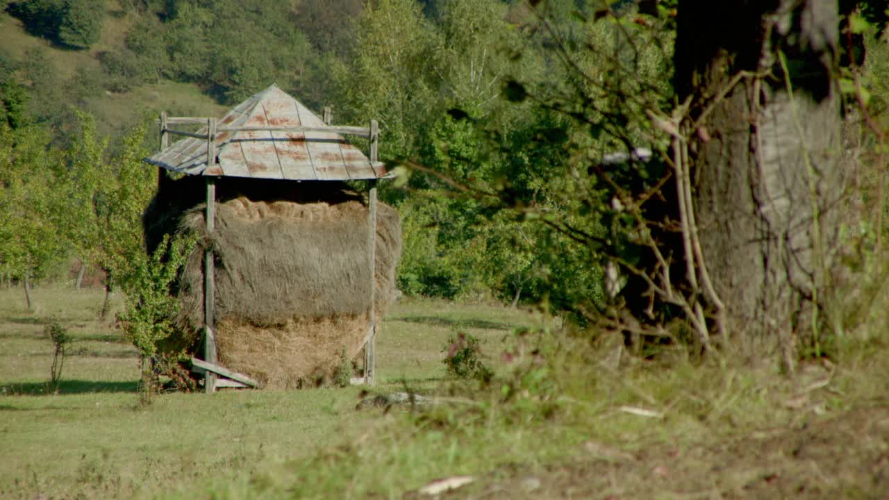 罗马尼亚北部乡村的一个质朴的干草堆建筑视频素材