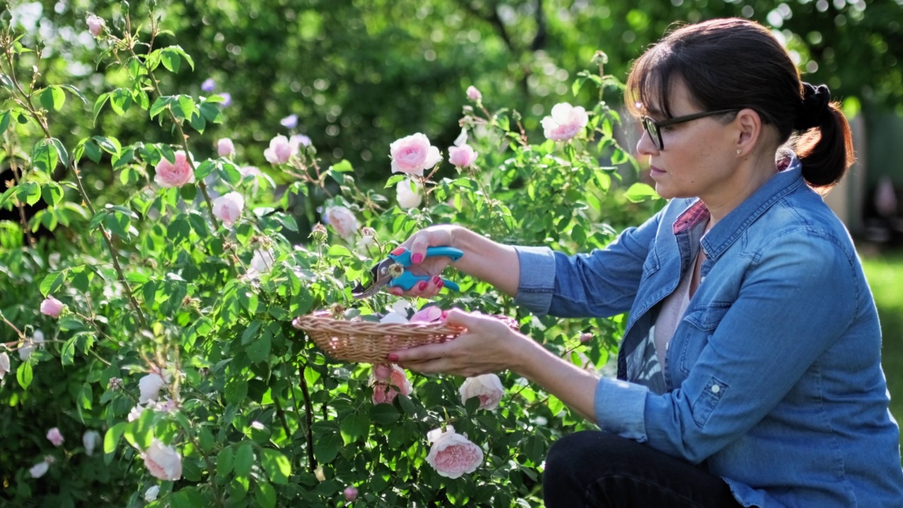 一位妇女正在花圃里照料玫瑰花丛，清除干枯凋谢的花朵。视频素材