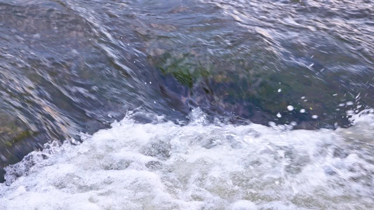 夏季河流的流水，日光下有一个快速的小瀑布视频素材