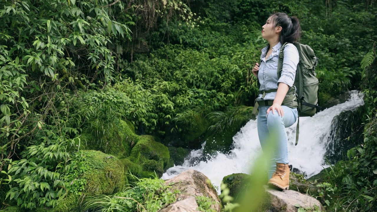 一位年轻女子站在山上的一条小溪边徒步旅行视频素材