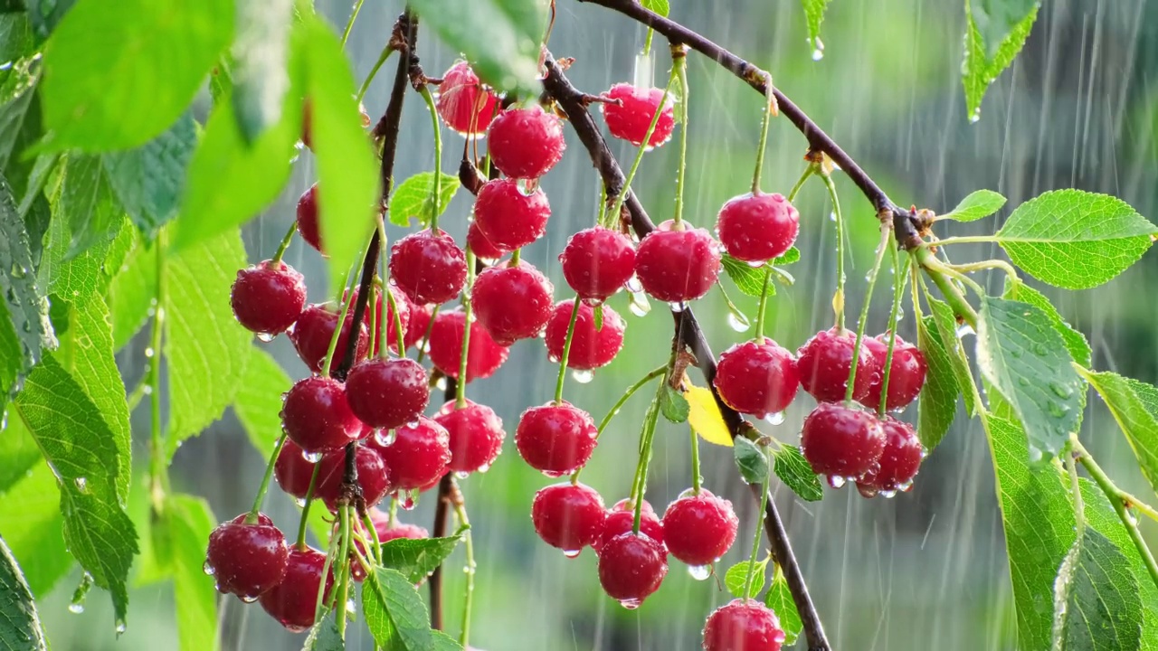 大雨中，花园里的树上挂着红色的甜樱桃。水滴在有机成熟的水果在农村的花园。雨后的樱桃园。雨园艺收获慢动作特写视频素材