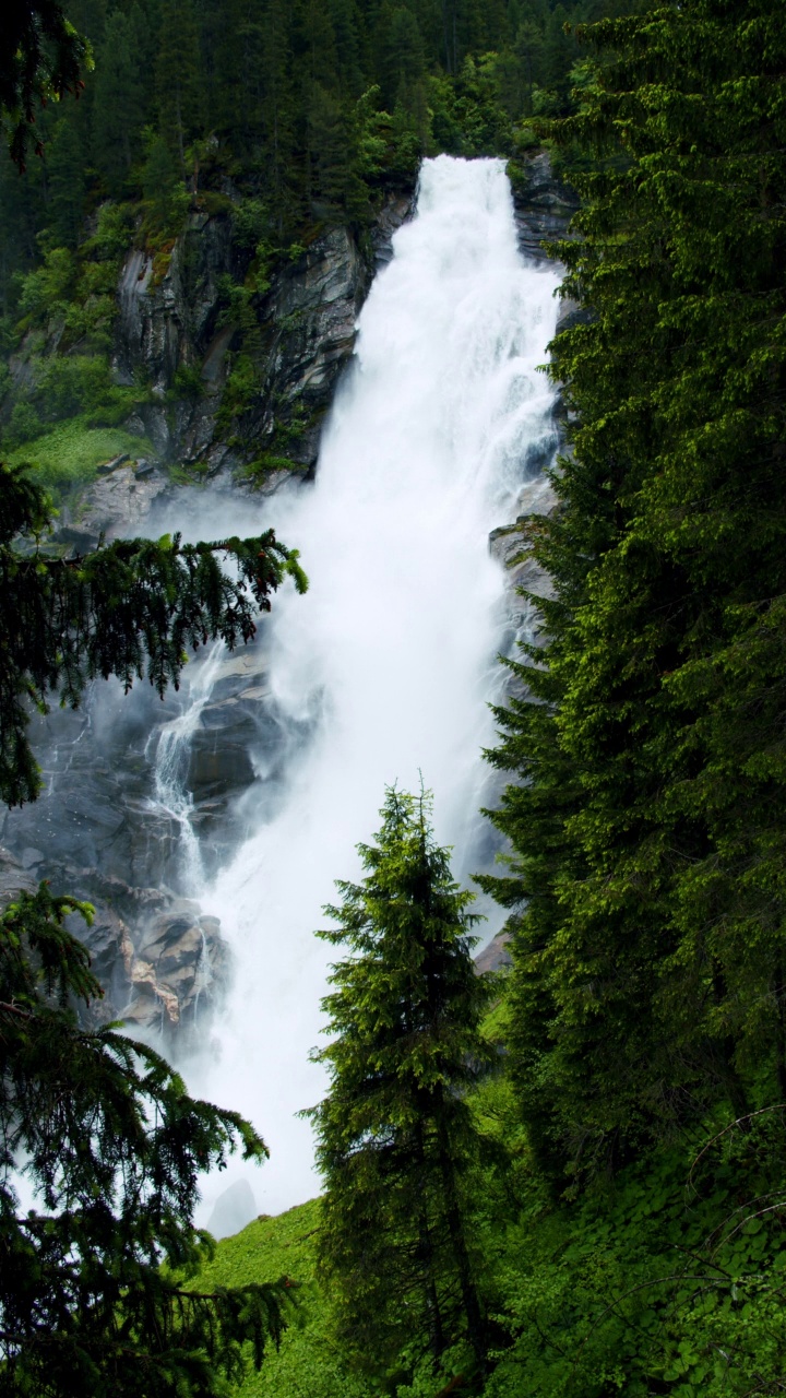 克里姆尔瀑布垂直落下，周围是松树林。奥地利。欧洲的阿尔卑斯山视频素材