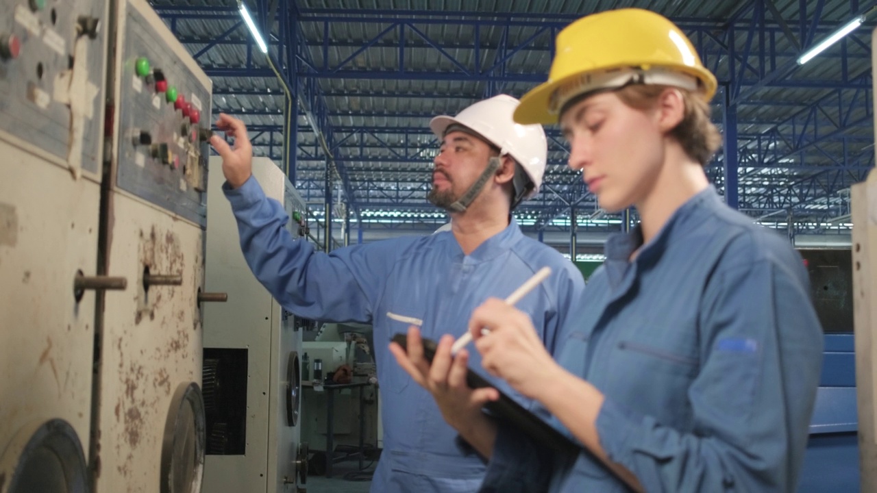 工业工程师团队在制造工厂检查机器控制面板。视频素材