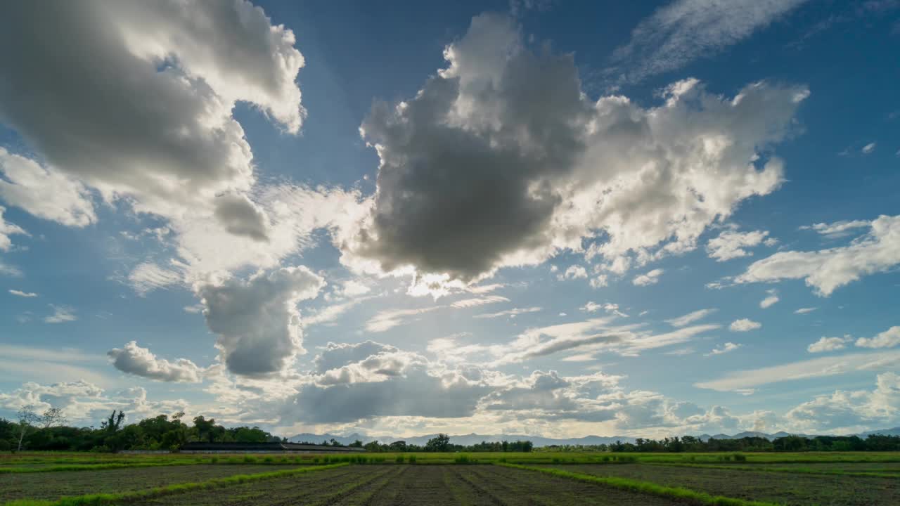 田野草地和云彩移动的夕阳4K时间流逝。视频素材