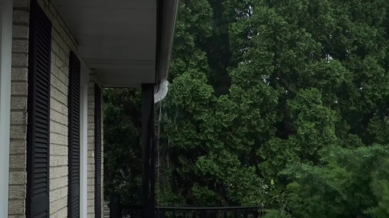 雷雨期间，暴雨击中屋顶和雨槽。关闭视图视频素材