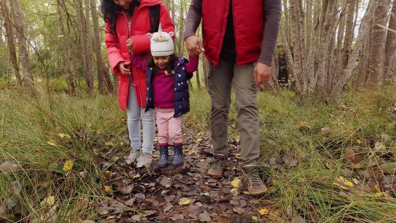 父母在树林里的小路上帮助女儿跳过树桩视频素材