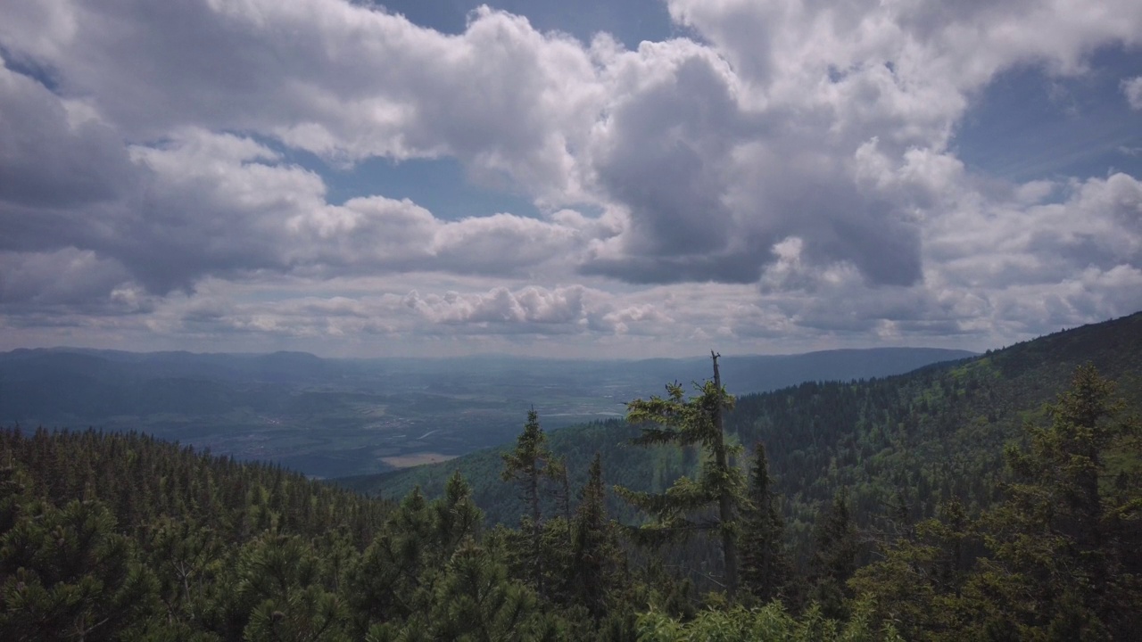 斯洛伐克北部的高塔特拉斯山麓的自然景观，在初夏，有宽阔的山谷和绿色的草地。视频素材