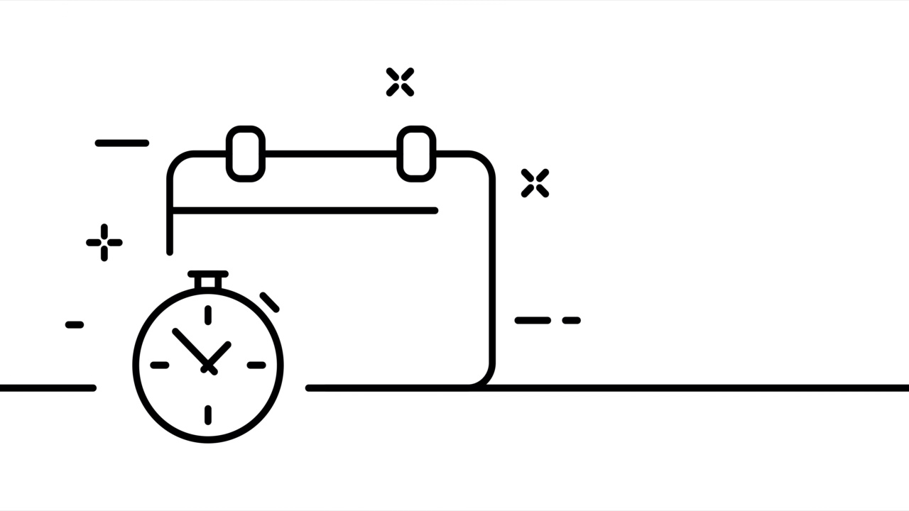 日历和秒表。手表，时钟，时间管理，计划，员工，工作，活动，约会。经营理念。一条线绘制动画。运动设计。动画技术的标志。视频4 k视频素材
