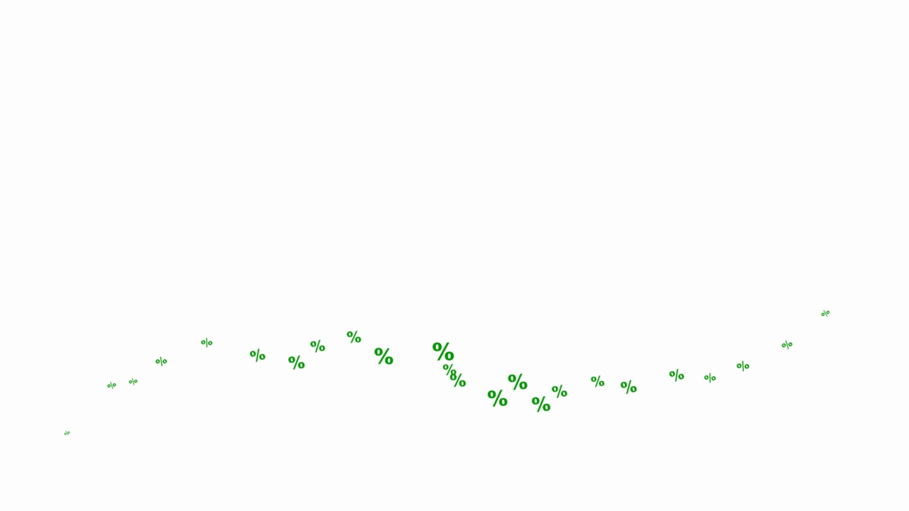 动画绿色百分比从左到右飞。飞行数字。销售、折扣、促销的概念。矢量图孤立在白色背景上。视频素材