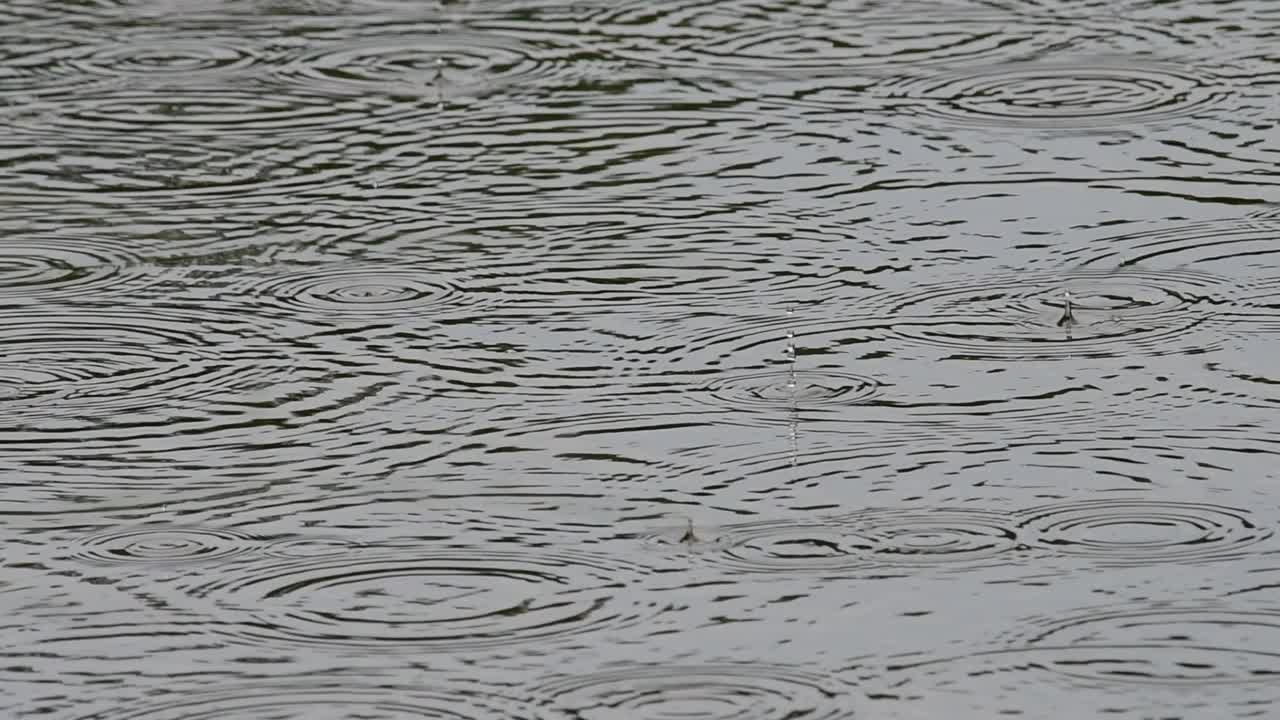 阴天湖面镜面上雨滴的痕迹，4k微距视频视频素材