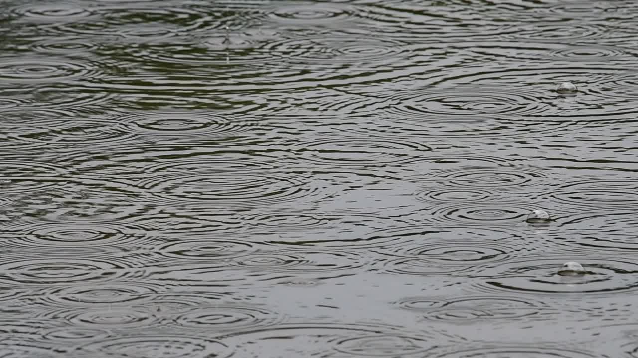 阴天湖面镜面上雨滴的痕迹，4k微距视频视频素材