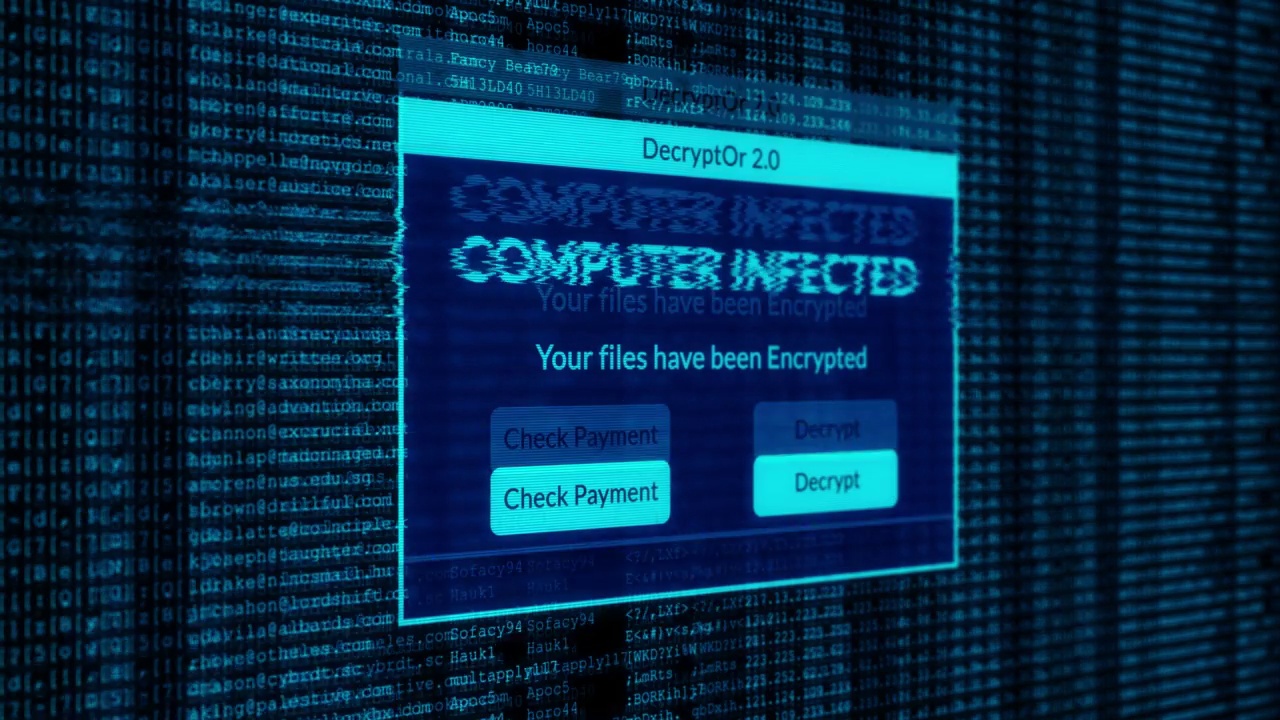计算机感染通知和检查支付的系统文件解密的概念与二进制代码的后台视频素材
