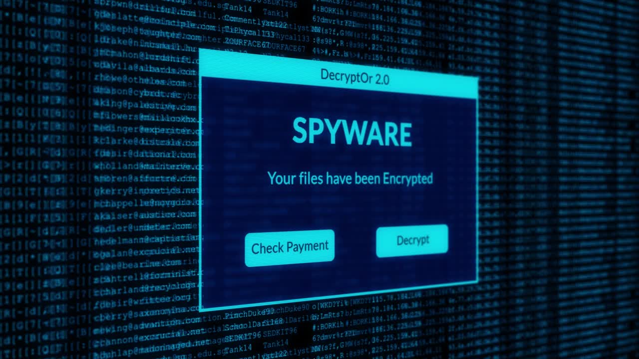 间谍软件警告和检查付款的概念解密系统文件与二进制代码的后台视频素材