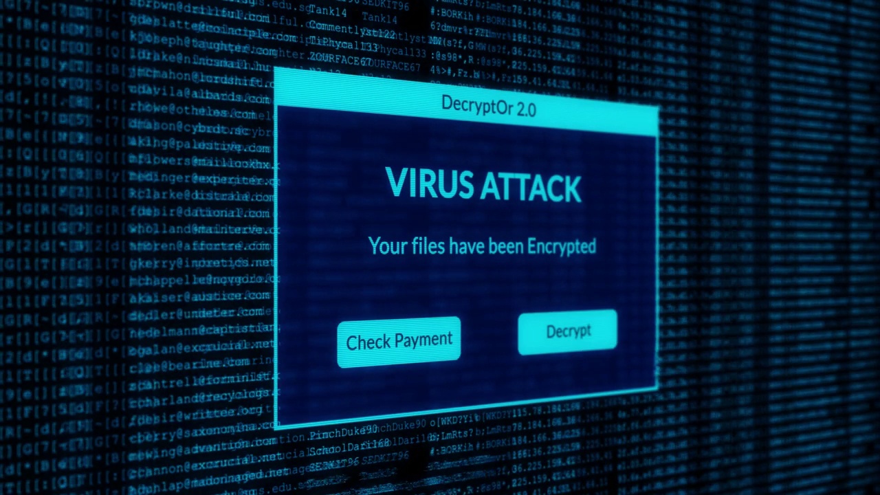 病毒攻击通知和检查支付的解密系统文件的概念与二进制代码的背景视频素材