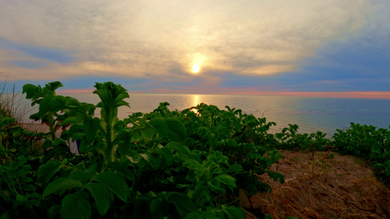 夏日黄昏的海滩，夕阳西下。从沙丘上俯瞰大海。视频下载