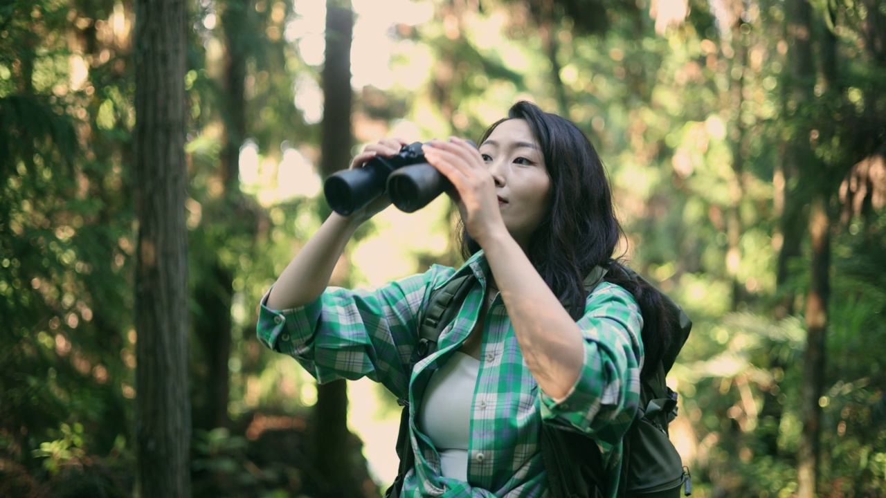 在森林里用双筒望远镜的年轻女子视频素材