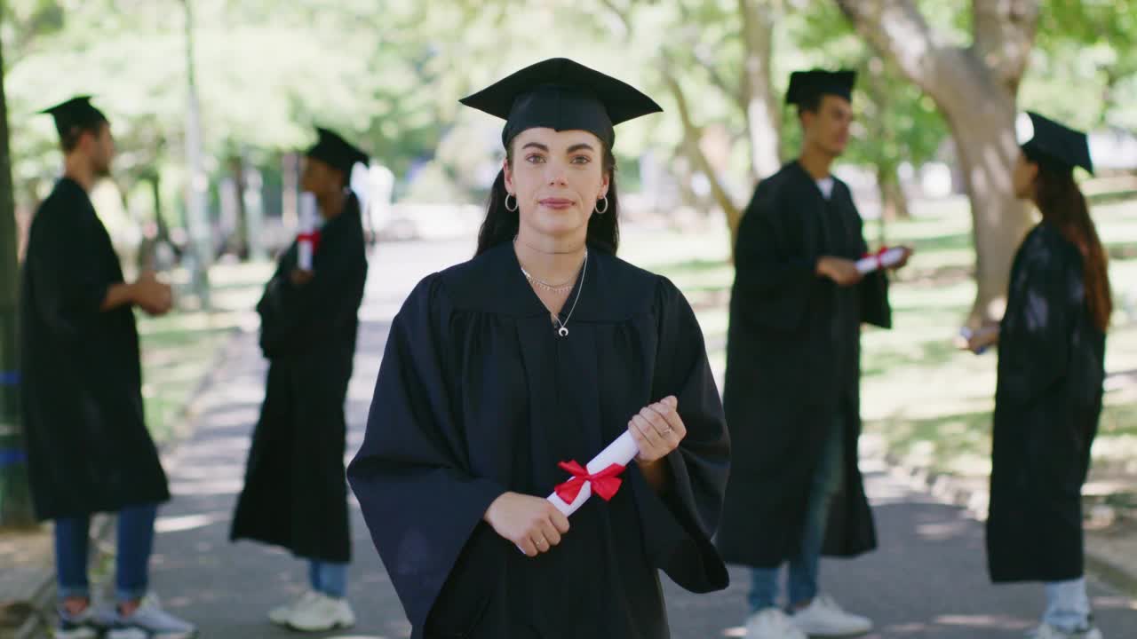 一名大学生在户外举行毕业典礼的肖像。一名妇女手持文凭，庆祝她的成就和成就。为成功的未来接受良好的教育视频素材