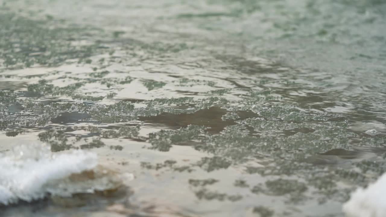 冬季河流表面的雪晶体和冰漂浮在水上-特写细节视频素材