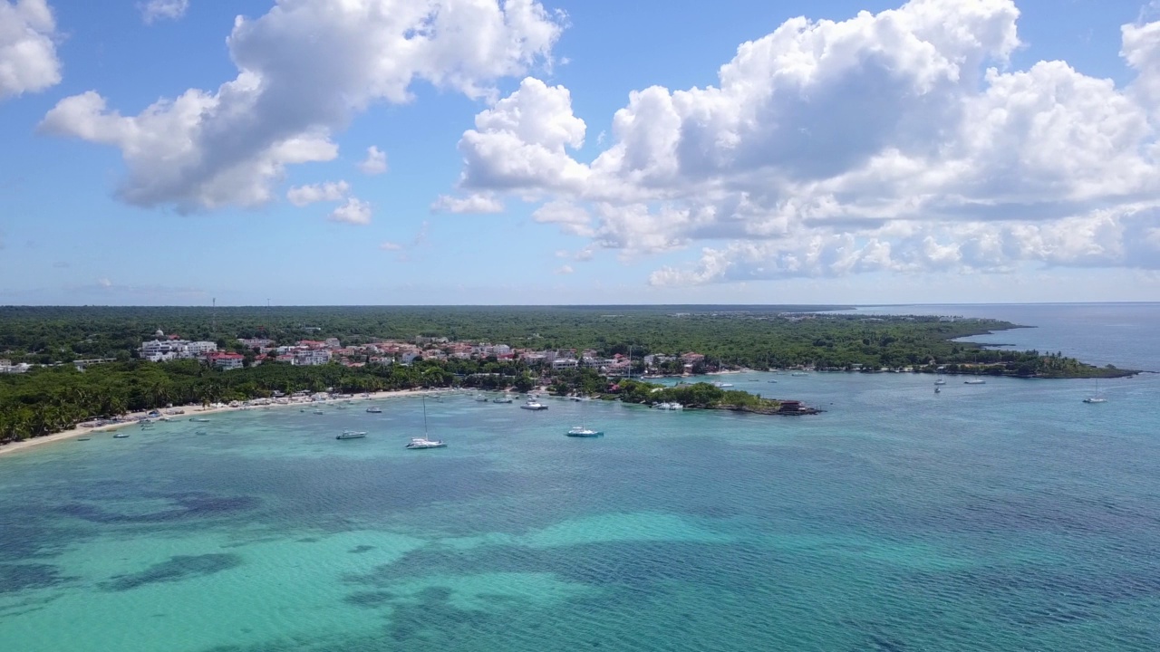 加勒比海海洋。停靠在港口的豪华游艇和小船。以棕榈树为背景的游艇俱乐部视频素材