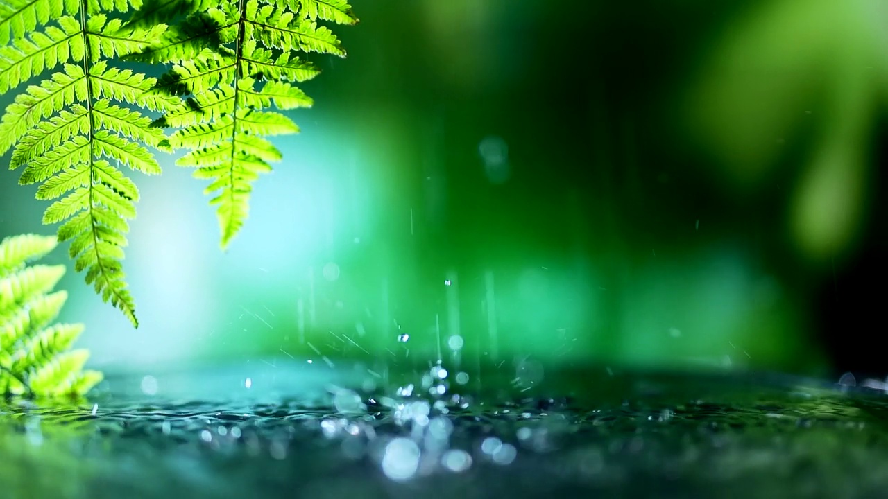 以棕榈树和雨林为背景的小雨。冥想和瑜伽与自然和谐相处视频素材