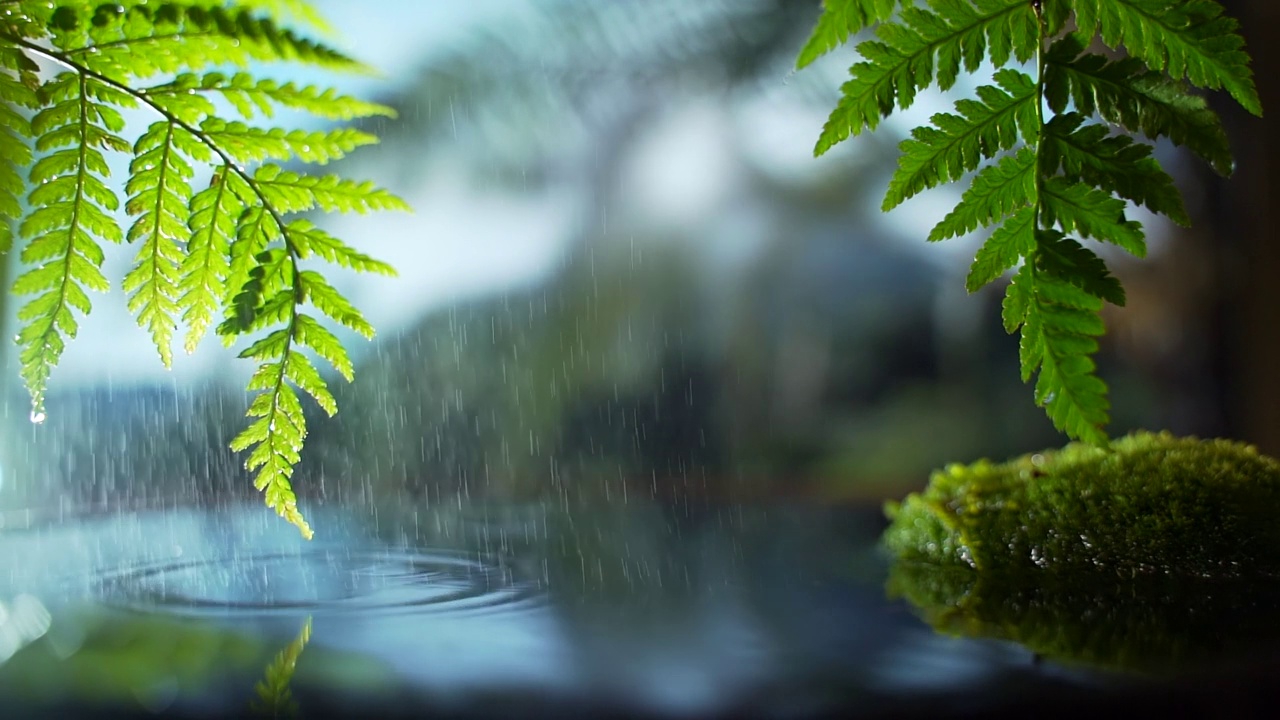 以棕榈树和雨林为背景的小雨。冥想和瑜伽与自然和谐相处视频素材