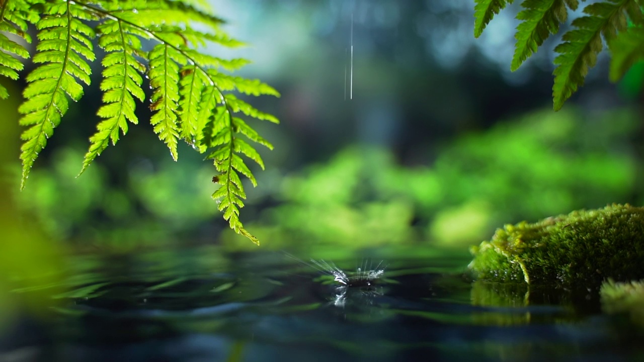 以棕榈树和雨林为背景的小雨。冥想和瑜伽与自然和谐相处视频素材