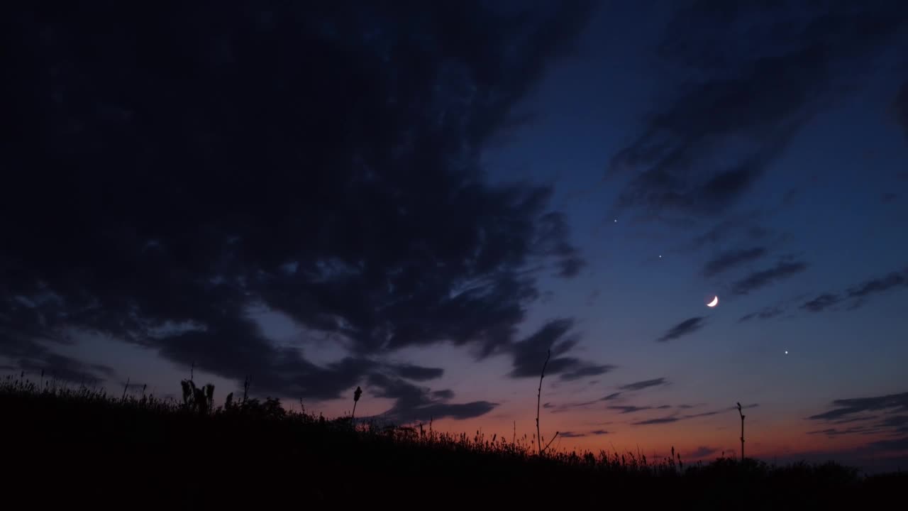 新月与星星，行星和树的轮廓在傍晚的天空。视频素材