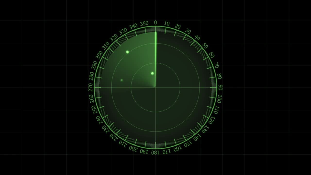 雷达正在寻找物体。HUD圈用户İnterface上孤立的黑色背景。目标搜索范围和扫描元素主题。数字UI和科幻循环，未来概念。雷达扫描仪，搜索敌机和敌舰，4k分辨率。视频素材