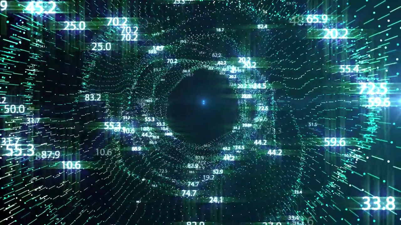 动画4K飞进了数字技术隧道。3D大数据数字化隧道广场与未来矩阵。二进制码粒子网络。技术和连接运动背景。视频素材