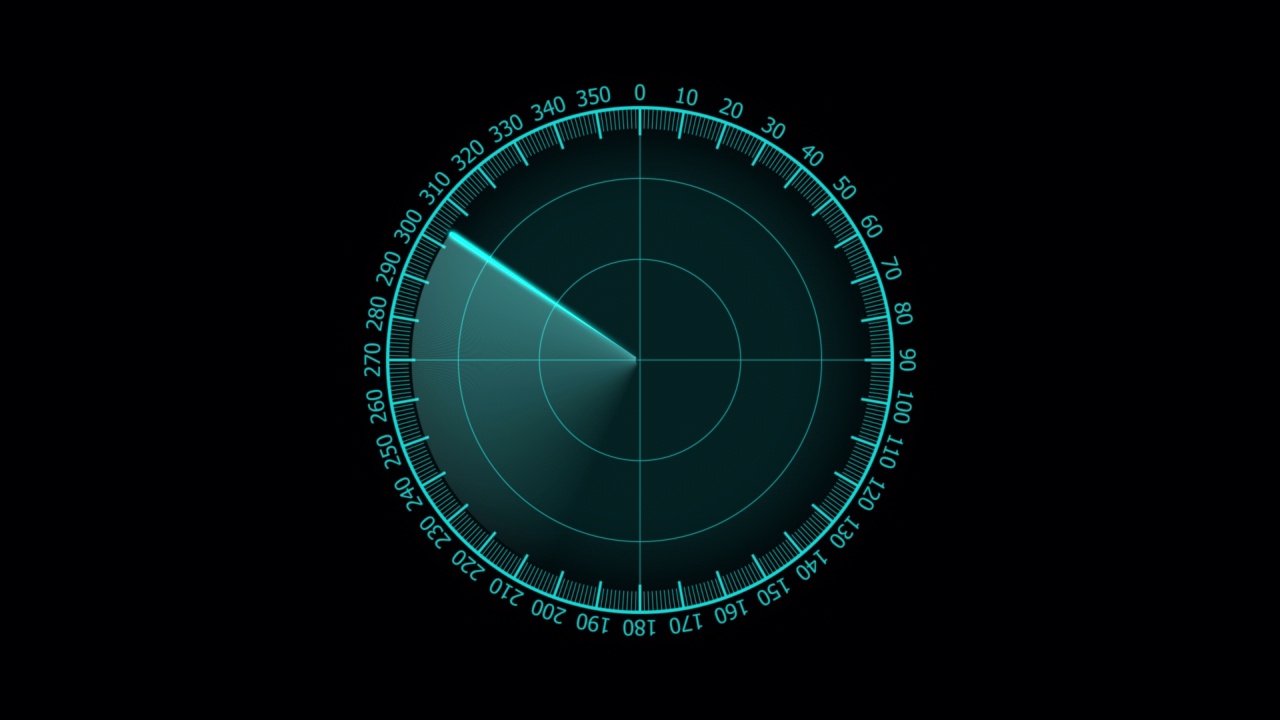 雷达正在寻找物体。HUD圆形用户界面，透明背景，阴影叠加，Alpha通道，目标搜索范围和扫描元素主题，数字UI和科幻圆形，扫描仪，4k分辨率视频素材
